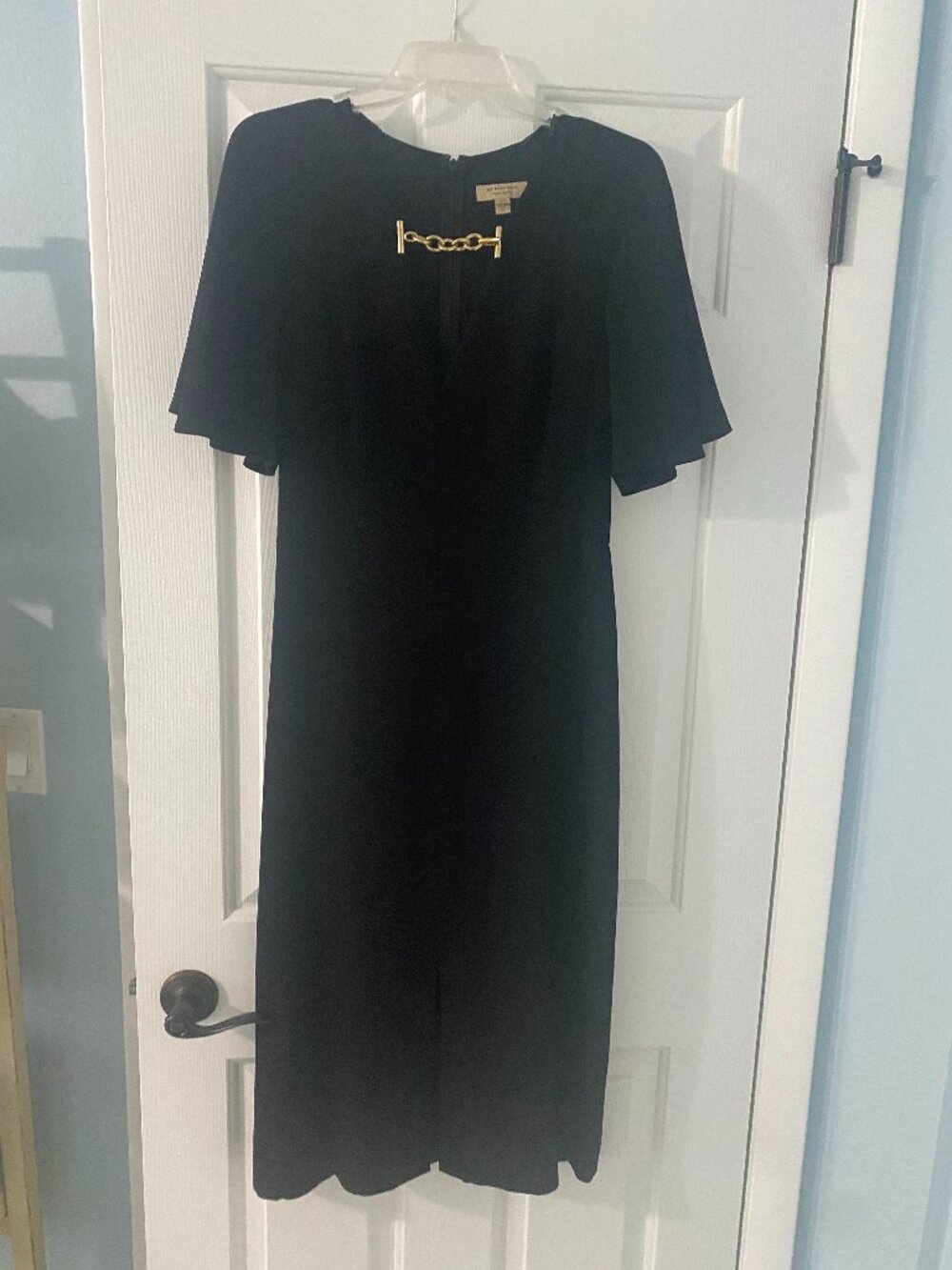 Black Burberry Evening Dress WIth Front Slit and V-Neck with Gold Chain Detail